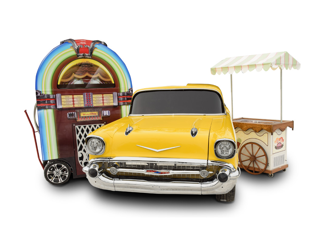 Belair 1957 car barbeque, sound system jukebox and a classic ice cream cart