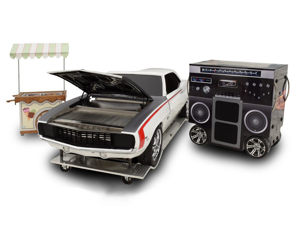 1969 Camaro car barbeque, Boom Box sound system and a classic ice cream cart