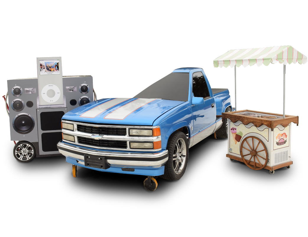 Chevy Step Side pickup truck, iPod system sound system and classic ice cream cart