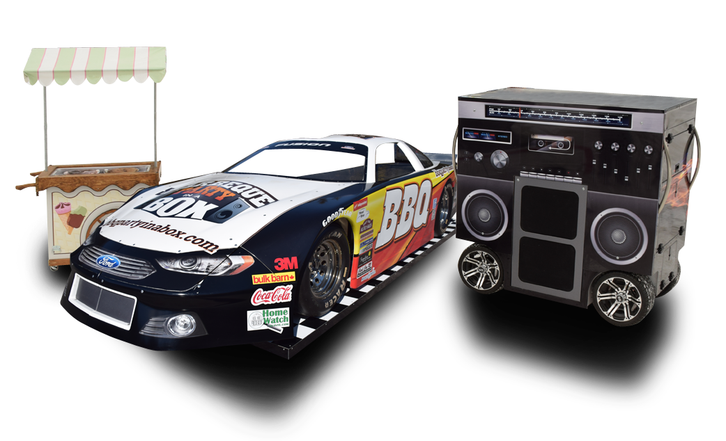 BBQ Party in a Box Nascar Barbecue, boom box sound system and classice ice cream cart